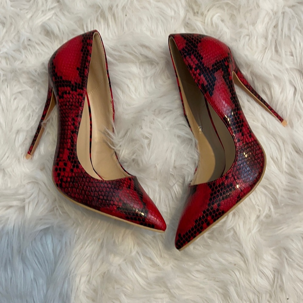 Red and black snake print heels